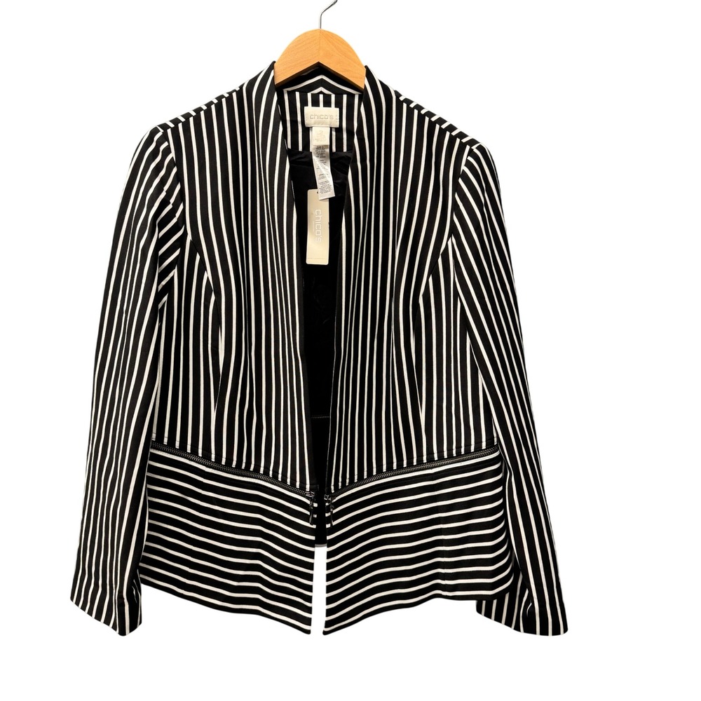 Chico's Open Blazer Womens Large Stripe Knit Jacket Black White NEW
